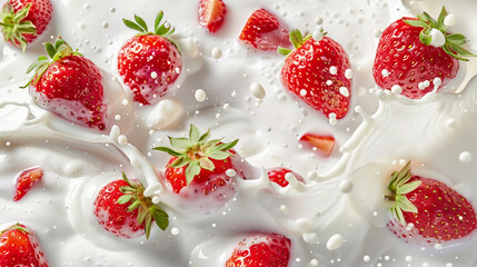 Juicy strawberries creating a dynamic milk splash.