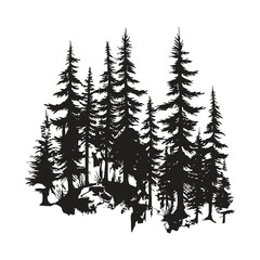 Black Silhouette of Pine Trees in a Forest Landscape
