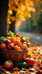 Naklejka premium Golden sunlight bathes overflowing baskets of ripe autumn produce, vibrant fall leaves scattered nearby , fall, colorful