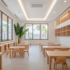 Fototapeta premium A bright and modern classroom featuring wooden furniture, large windows with plants outside, and a clean, minimalist design.