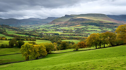 Obraz premium Panoramic View of Lush Green Valley with Rolling Hills under Dramatic Cloudy Sky in Autumn Colors