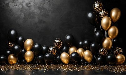 Naklejka premium Elegant gold and black balloon backdrop for celebrations.