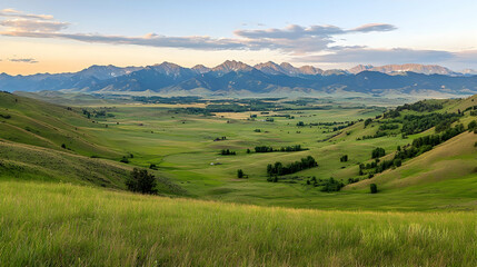Fototapeta premium Panoramic View of Green Valley and Mountain Range Under Blue Cloudy Sky During Golden Hour
