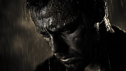 Dramatic portrait of a wet coal miner with dirty face, standing under heavy rain, experiencing despair. Ai generated