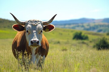 Brangus Breed: Majestic Bulls Grazing in a Lush Green Pasture Under the Open Sky