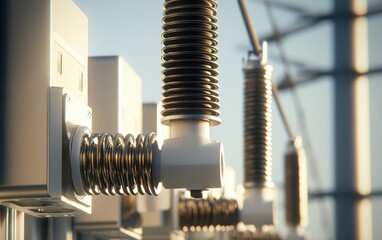 The image features close-up components of electrical equipment, showcasing intricate designs and materials used in power transmission systems.