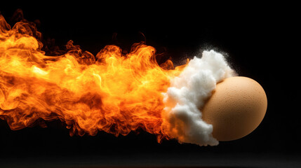 A fiery egg enveloped in flames and smoke, creating a dramatic visual effect against a dark background.
