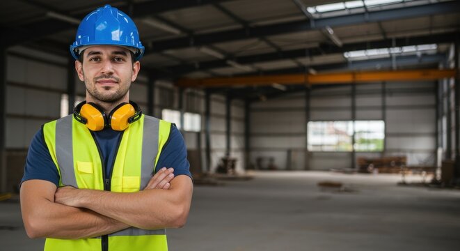 Man in safety gear standing in warehouse with arms crossed looking at the camera smiling slightly