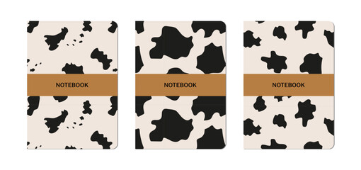 Set of notebook cover designs with cow skin patterns. Vector flat abstract animal texture illustrations
