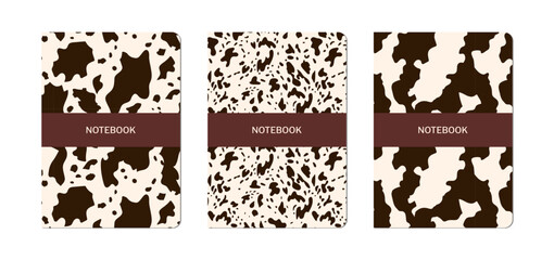 Set of notebook cover designs with cow skin patterns. Vector flat abstract animal texture illustrations