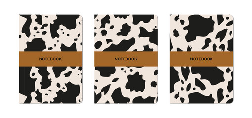 Set of notebook cover designs with cow skin patterns. Vector flat abstract animal texture illustrations