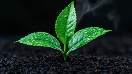 A vibrant green plant with dew-covered leaves emerges from dark soil, symbolizing growth and renewal in a serene environment.