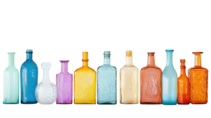 A row of colorful bottles on a shelf featuring on white background