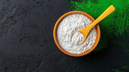 A bowl of white powder with a wooden spoon sits on a textured black surface, complemented by a vibrant green background.