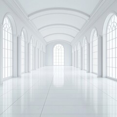 Fototapeta premium A spacious, minimalist interior featuring large arched windows and polished white floors, creating a bright and airy atmosphere.