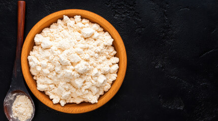 A wooden bowl filled with coarse flour sits on a dark surface, accompanied by a wooden spoon showcasing a small amount of the flour.