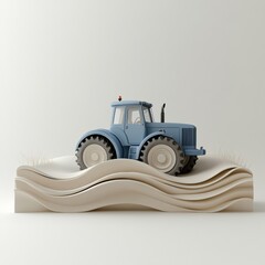 Naklejka premium Blue tractor with snow plow on white surface, wind turbine on white background 