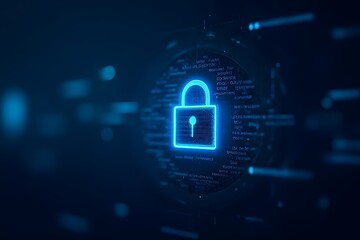 A glowing digital lock ensures online safety and data security in a futuristic cyberspace with a dark blue background.