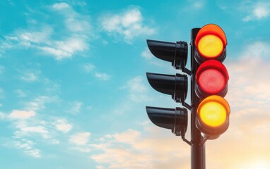A traffic light with red, yellow, and green signals against a blue sky, indicating vehicle control and safety regulations.