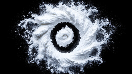 A swirling pattern of white powder creates a dynamic visual against a dark background, evoking a sense of movement and texture.