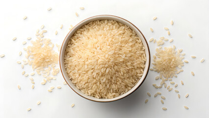 A round bowl filled with raw dry rice, isolated on a white background, captured from a top-down view.