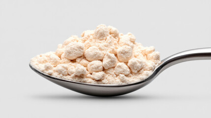 A close-up of a spoon filled with a white, powdery substance, showcasing its texture and form against a minimalistic background.