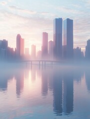 Fototapeta premium Misty Futuristic City Skyline at Dawn with Mirror-Calm Reflections