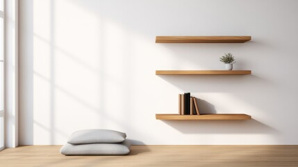 Minimalist reading corner with a floor cushion, natural light, and warm wooden shelves
