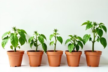 Obraz premium Several healthy tomato plants in individual pots against a pure white backdrop , image, farming