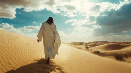 Fototapeta premium The serene spiritual journey of jesus across desert dunes under a tranquil cloudy sky near jerusalem