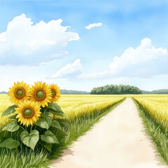 Sunflowers bloom beside tranquil path leading through golden fields under bright blue sky., Watercolor illustration