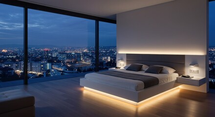 Illuminated bedroom with city view at night through large window in modern apartment design