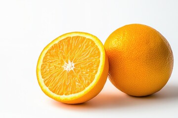 Fresh and Juicy Valencia Orange: Whole and Sliced Fruits on a Crisp White Background