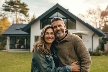 Cheerful young middle aged couple of real estate property buyers posing in front of new house, celebrating buying, enjoying homeownership, standing and hugging on yard outside