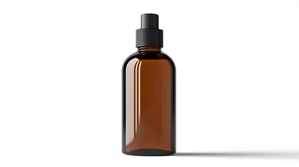 Mockup of brown cosmetic bottle with dispenser on white background