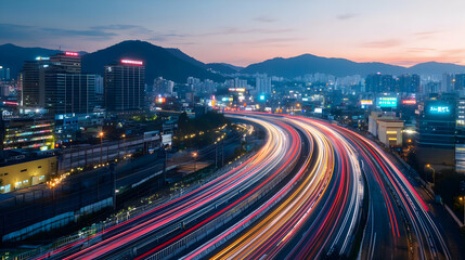 Obraz premium Elevated Night View Of City Highway With Streaking Car Lights Beneath Buildings And Mountain Silhouettes