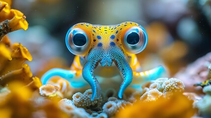 Enchanting Deep Sea Creature With Huge Eyes Amongst Vibrant Corals In Ocean Habitat.