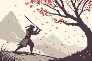 77 Japanese samurai warrior, dynamic pose, dual katanas, traditional armor, cherry blossom explosion, vibrant red splatter, mountainous landscape, misty atmosphere, ink wash painting style, dramatic l