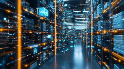 Smart warehouse management system using augmented reality for package identification, picking, and delivery. Future of supply chain logistics, showcasing advanced technology and efficiency.

