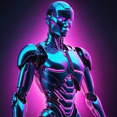 Naklejka premium Futuristic Robot: A highly detailed, photorealistic rendering of a sleek, humanoid robot, illuminated with vibrant neon lights, showcasing the evolution of technology and artificial intelligence.