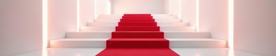 Obraz premium Elegant red carpet on white staircase, vertical lighting , line, stairs, color