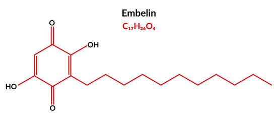 Embelin, naturally occurring para-benzoquinone, molecular structure formula, suitable for education or chemistry science content. Vector illustration