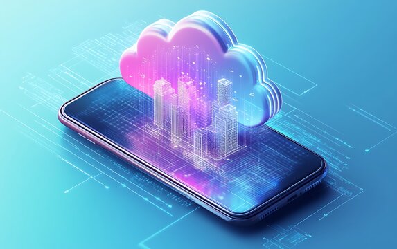 Isometric illustration of cloud computing with buildings and cityscape on a smartphone, a digital technology concept