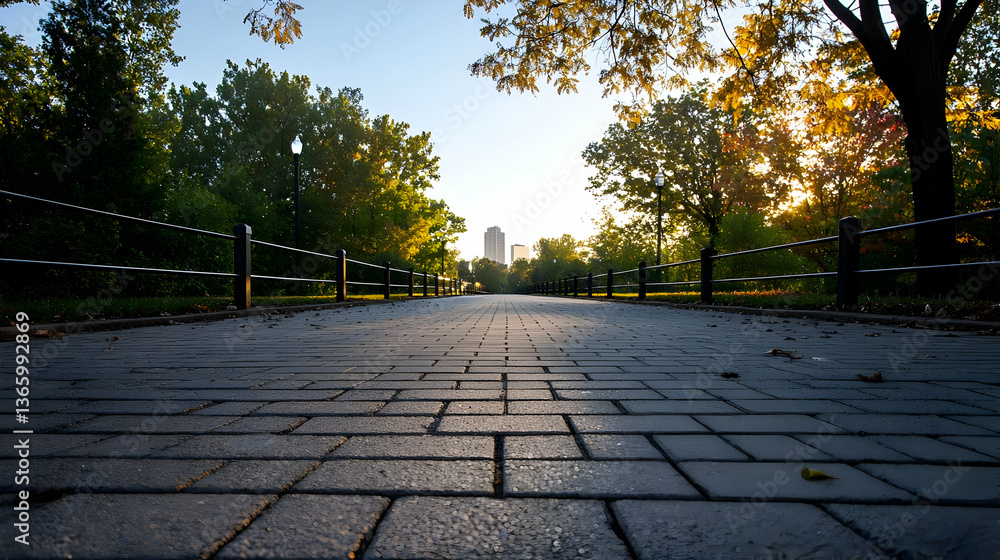 Poster stone paved pathway lined with trees leading towards a building in a park illuminated by sunlight du