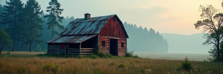 Old weathered barn, ethereal mist, tall pines, fading light, background, barn, mist