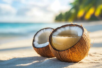 Refreshing Nauruan Coconut Water in a Shell on a Tropical Beach Paradise