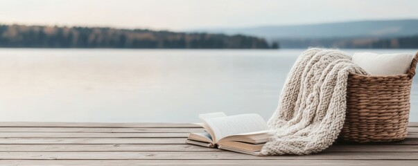 Lakeside reading retreat with a rustic wooden dock, cozy blanket, and peaceful water view