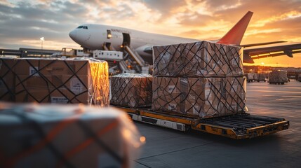 A close-up of a cargo plane unloading goods at a cargo terminal, with crates and packages being lifted