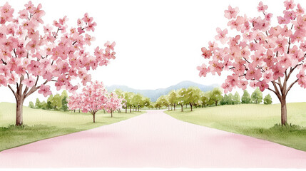 Naklejka premium serene watercolor scene features blooming cherry trees lining peaceful pathway, evoking tranquility., Watercolor illustration
