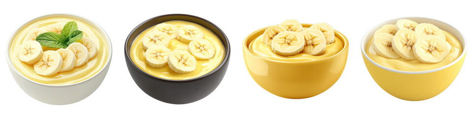 Vanilla pudding bowl with banana isolated on transparent background. PNG ,Set of